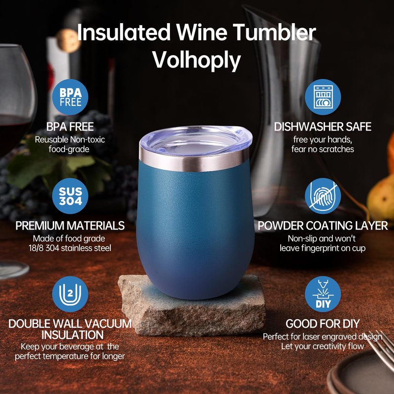 Volhoply 12oz Stainless Steel Wine Tumbler with Lid Bulk 4 Pack,Double Wall Vacuum Stemless Wine Glasses,Reusable Metal Travel Coffe Mug with Straw,Insulated Cup Gifts for Christmas（Assorted,4 Set）