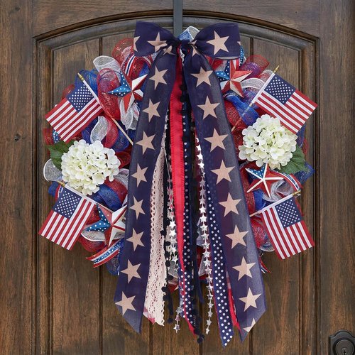 Large Patriotic Wreath by Americana | 8-Ribbon Star Bow with Metal Clip - Red, White & Blue Decor