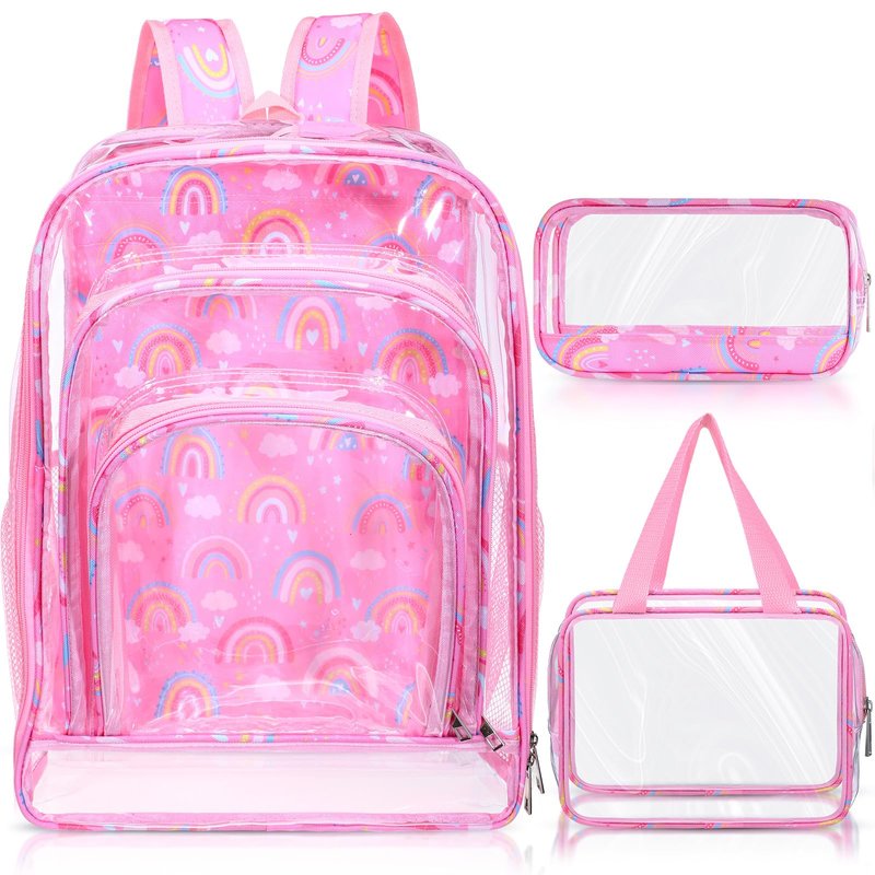 AmazingSpark 3 Pcs Clear Back to School Backpack for Girlslunch Bag Heavy Duty Transparent Rainbow Pink Bookbags with Lunch Box Pencil Case for Teen Girls Concert Stadium Events Approved See Through