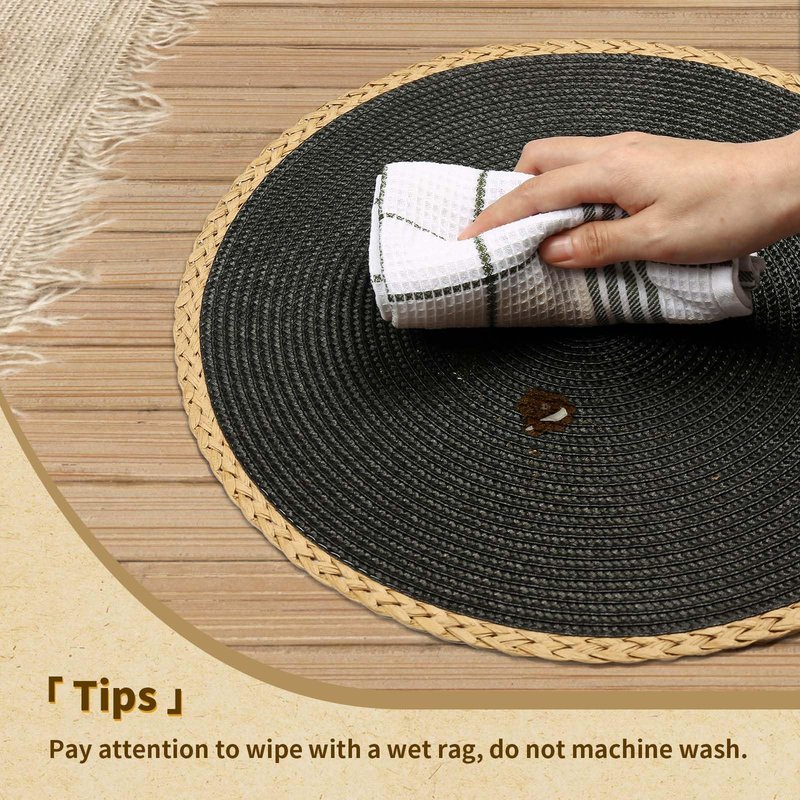 Noctiflorous Braided Round Placemats Set of 8, 15 Inch Woven Table Mats, Non-Slip Washable Thin Edge Place Mats for Kitchen Dining Table Decor (Black, 8)