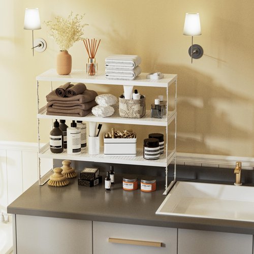 Jojocross Adjustable Stackable Metal Storage Shelf Organizer - Expandable Wire Rack with Perforations for Kitchen, Pantry, Bathroom, Cabinet & Office-Compact, Durable & Sturdy (2PACKS/Large/White)