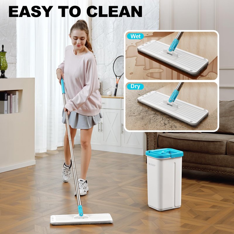 BEJOMOP Mop and Bucket Set, Mops for Floor Cleaning Turquoise-Cyan, Wall Mop with Long Handle, Squeeze Flat Mop and Bucket System, Dry & Wet Dust Mop for Household Cleaning with 2 Microfiber Mops
