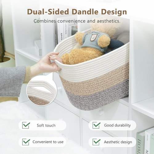 ECDYQXVU Cotton Rope Storage Basket - Woven Organizer for Shelves, Clothes & Towels | 15x10x9 Inches, White/Brown