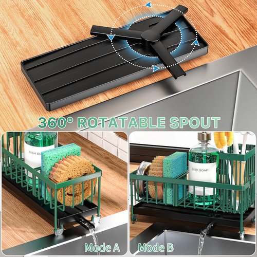Cisily Kitchen Sink Caddy Organizer - Rustproof 304 Stainless Steel with High Brush Holder | Dark Green, 9.25”