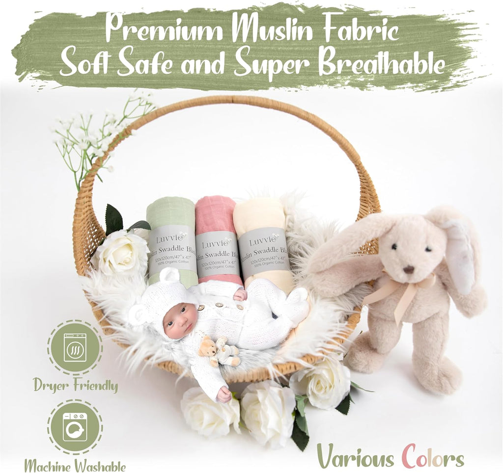 Organic Muslin Swaddle Blankets - 100% Organic Cotton Baby Wraps | Soft, Breathable & Skin-Friendly | 3-Pack, Large 47 x 47 Inches