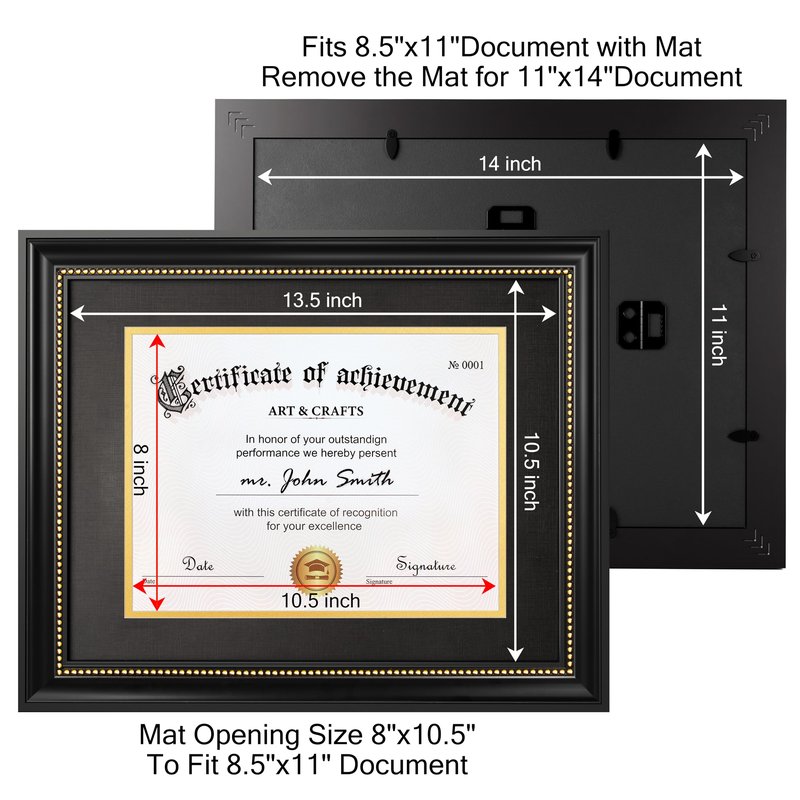 Yaetm 11x14 Diploma Frame, Certificate Frame with Tempered Glass, Display 8.5x11 Document with Black Over Gold Acid-free Mat, Degree Frames for Wall and Tabletop, Black with Gold Beads, 2 Pack