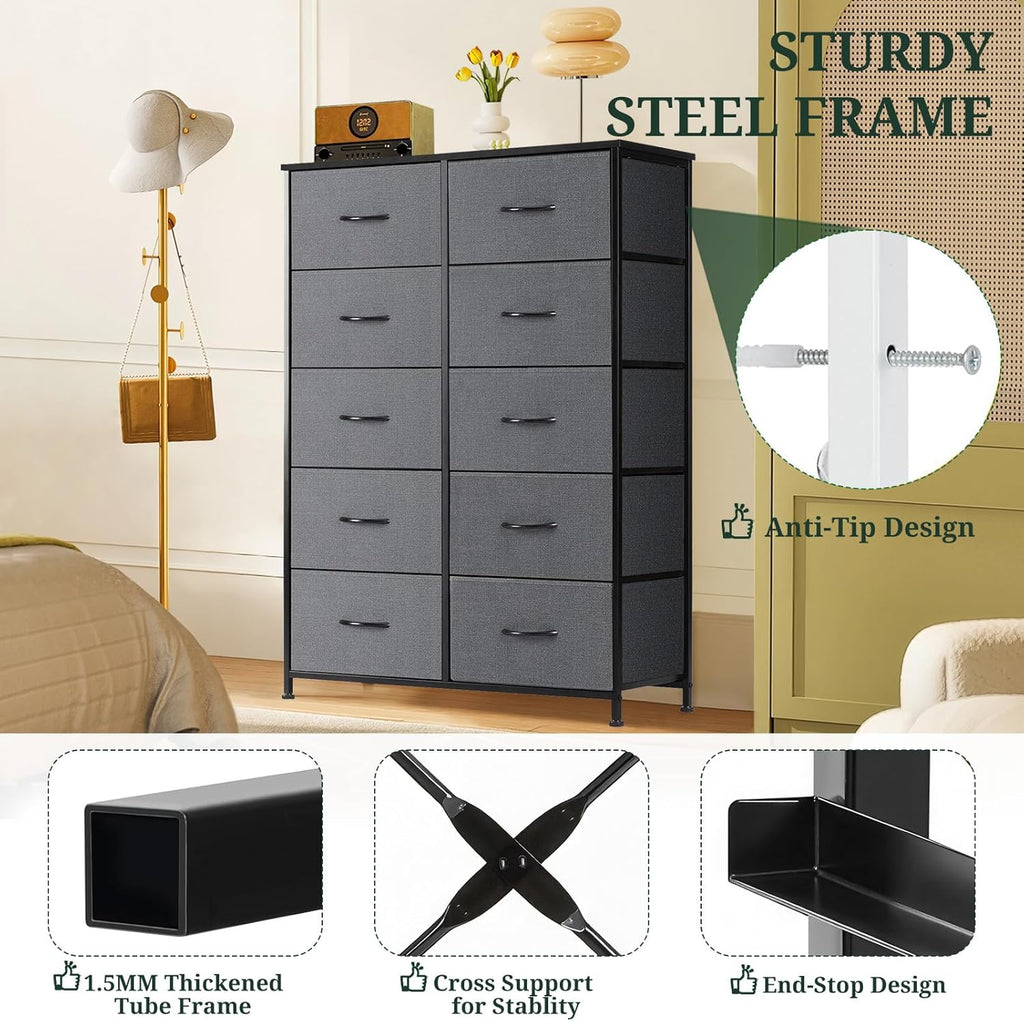 Regine Switzerland 10-Drawer Dresser - Anti-Tip Tall Storage Organizer with Wooden Top & Metal Frame - Gray