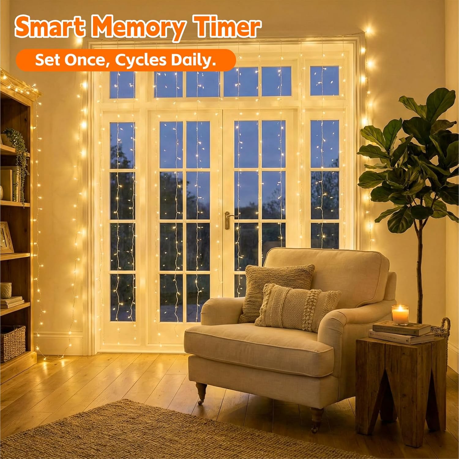 Skiennix 200LED Curtain Lights - Warm White Fairy String Lights | 6.6x6.6ft, 8 Modes Remote Control for Home & Party Decor