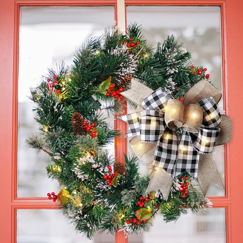 Buffalo Plaid LED Christmas Wreath Bow by [Brand Name] - Rustic Black & White Burlap Design (9.5 x 13 Inch)