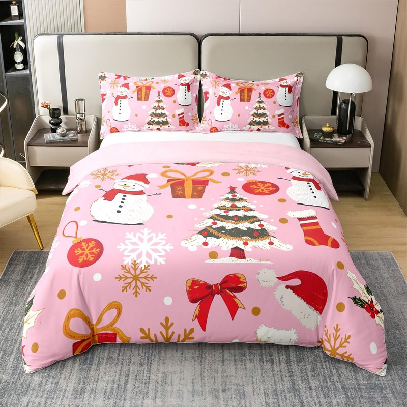 Pink Christmas 100% Cotton Duvet Cover Full Kawaii Xmas Tree Comforter Cover for Kids Boys Girls Winter Magic Snowflake Bedding Set Cute Snowman Quilt Cover Xmas Hats Girly Christmas Ornaments,3Pcs