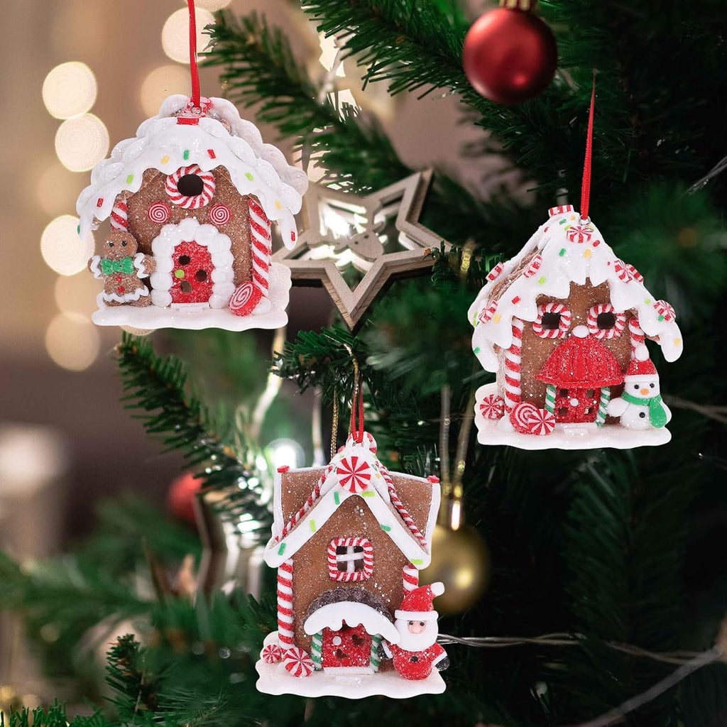 Toyvian Gingerbread House Ornaments - LED Christmas Village Set with Santa & Snowman Figures | 3 Pcs