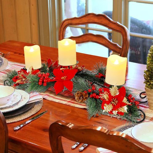 FORUP 26 Inch Christmas Centerpiece - Elegant Tabletop Candle Holders with 3 Flameless Candles | Holiday Decor