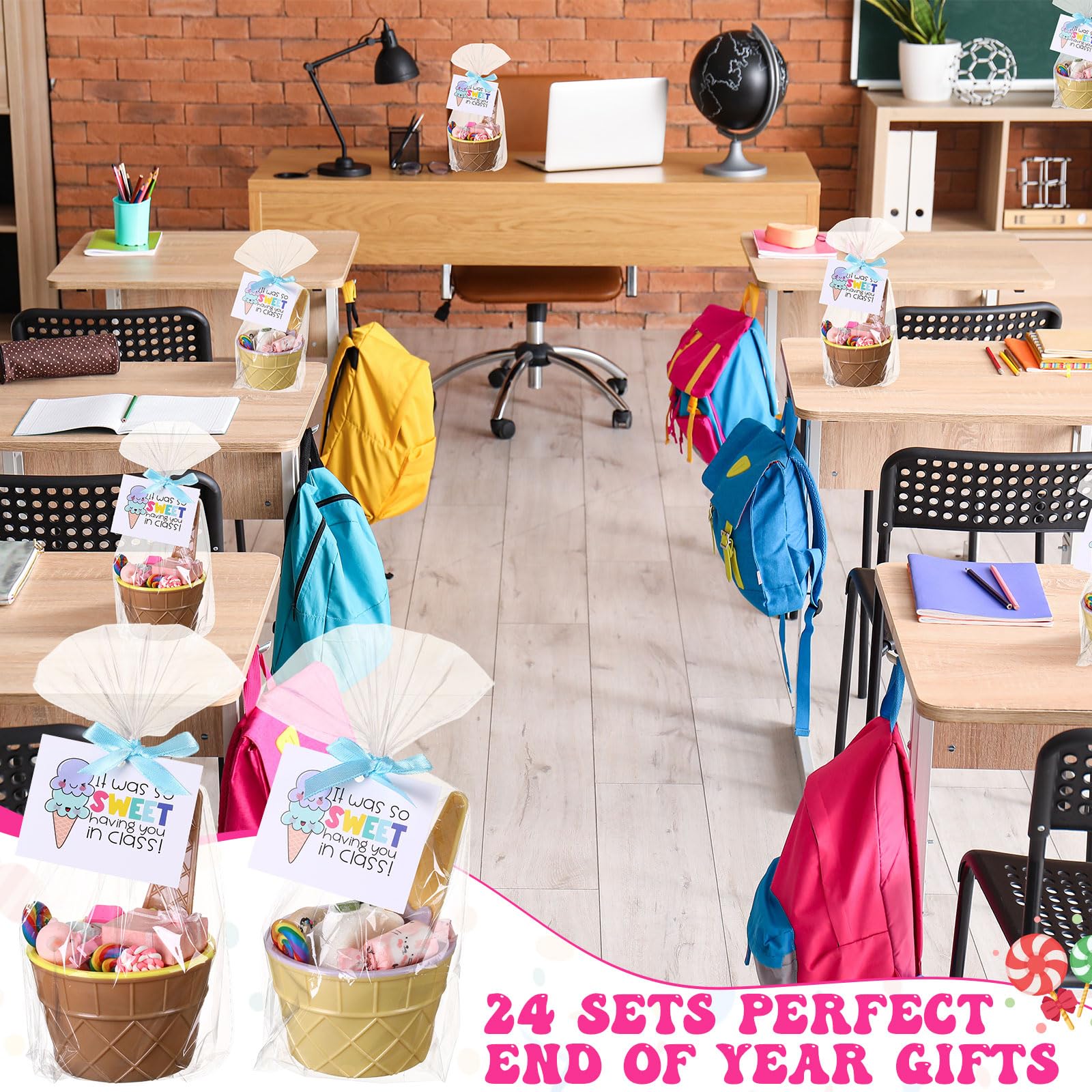 Sieral 24 Sets End of Year Gift Including 24 Pcs Ice Cream Bowls and Spoons 24 Pcs Cards with Plastic Bags and 1 Roll Ribbon for Prizes Summer Birthday Ice Cream Party