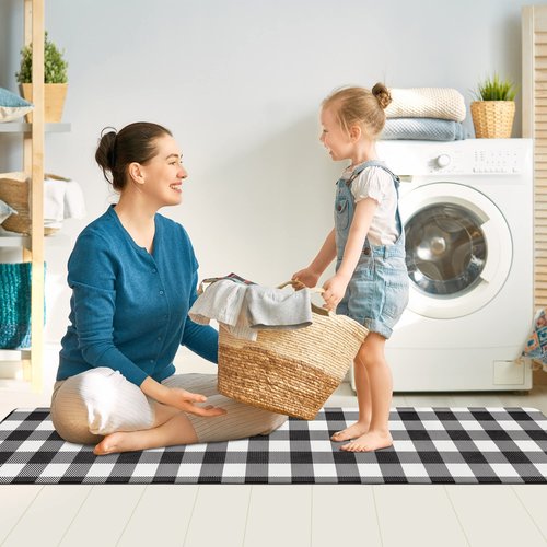 Long Kitchen Mat and Rug Anti Fatigue Mats for Kitchen Floor Runner 17.3''x71'' Black White Buffalo Plaid Runner Rug Non Slip Comfort Mat Cushion Kitchen Mat for Standing Kitchen Office Desk Laundry