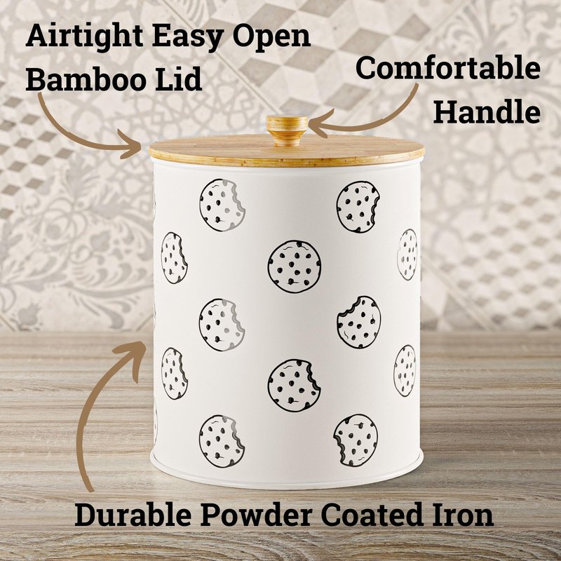 Cookie Jar with Airtight Lid - 1 Gallon - 6.6"D x 8"H White Iron Cookie Tin with Bamboo Lid - Large Cookie Jars with Lids Airtight - Farmhouse Cookie Jars for Kitchen Counter Decorative - Cookies Jar