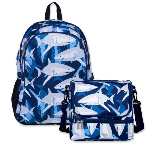 Wildkin 15-inch Kids Backpack Bundle with Two-Compartment Lunch Bag – Durable, Lightweight School & Travel Set for Kids - Sharks
