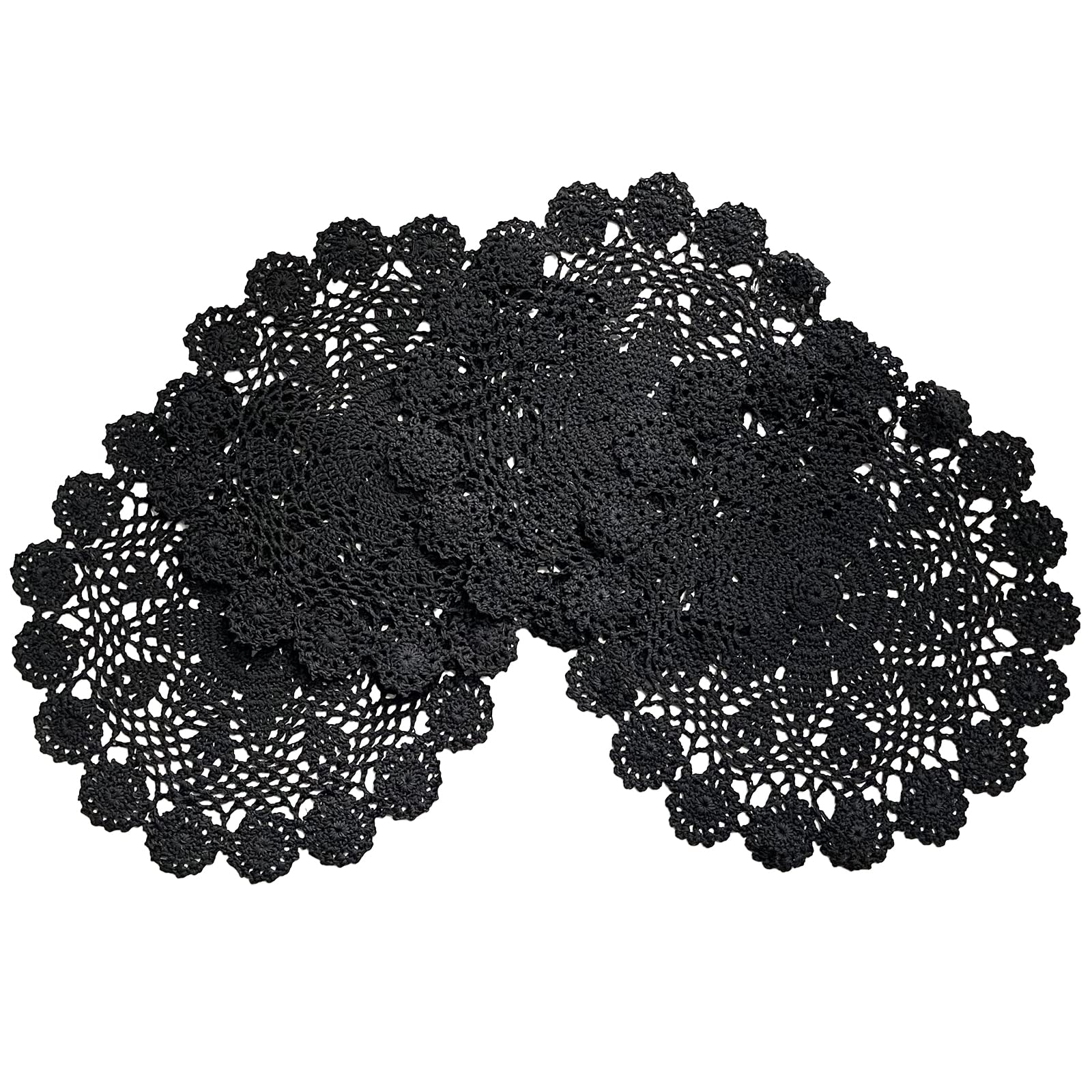 Phantomon 12 Inch Round Doilies Crochet Handmade Lace Placemats 100% Cotton Knitted Coasters, Pack of 4 (Black)