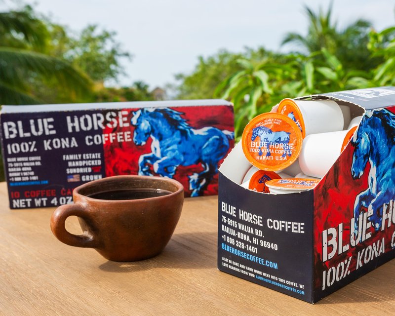 Blue Horse 100% Kona Coffee Pods, Medium Roast, 20ct Single Serve, Compatible with K Cups 2.0, Farm Fresh, Authentic Arabica Beans from Hawaii’s Big Island for a Smooth, Rich Flavor