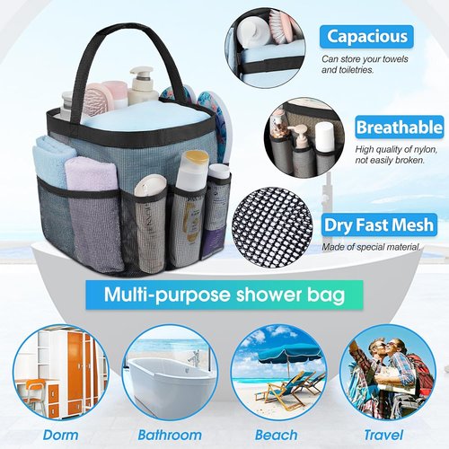 Attmu Mesh Shower Caddy - Portable College Dorm Organizer with 8 Pockets | Quick-Dry Hanging Bathroom Bag