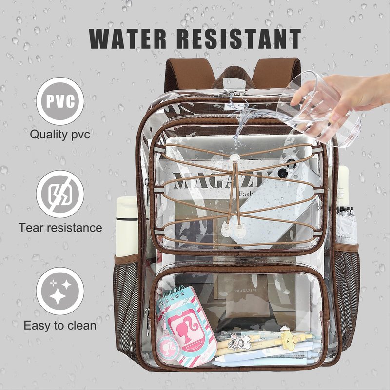 Yusudan Clear Backpack for Girls Women, Heavy Duty Transparent School Backpacks See Through PVC Bookbag for College Work Security Travel (Coffee)