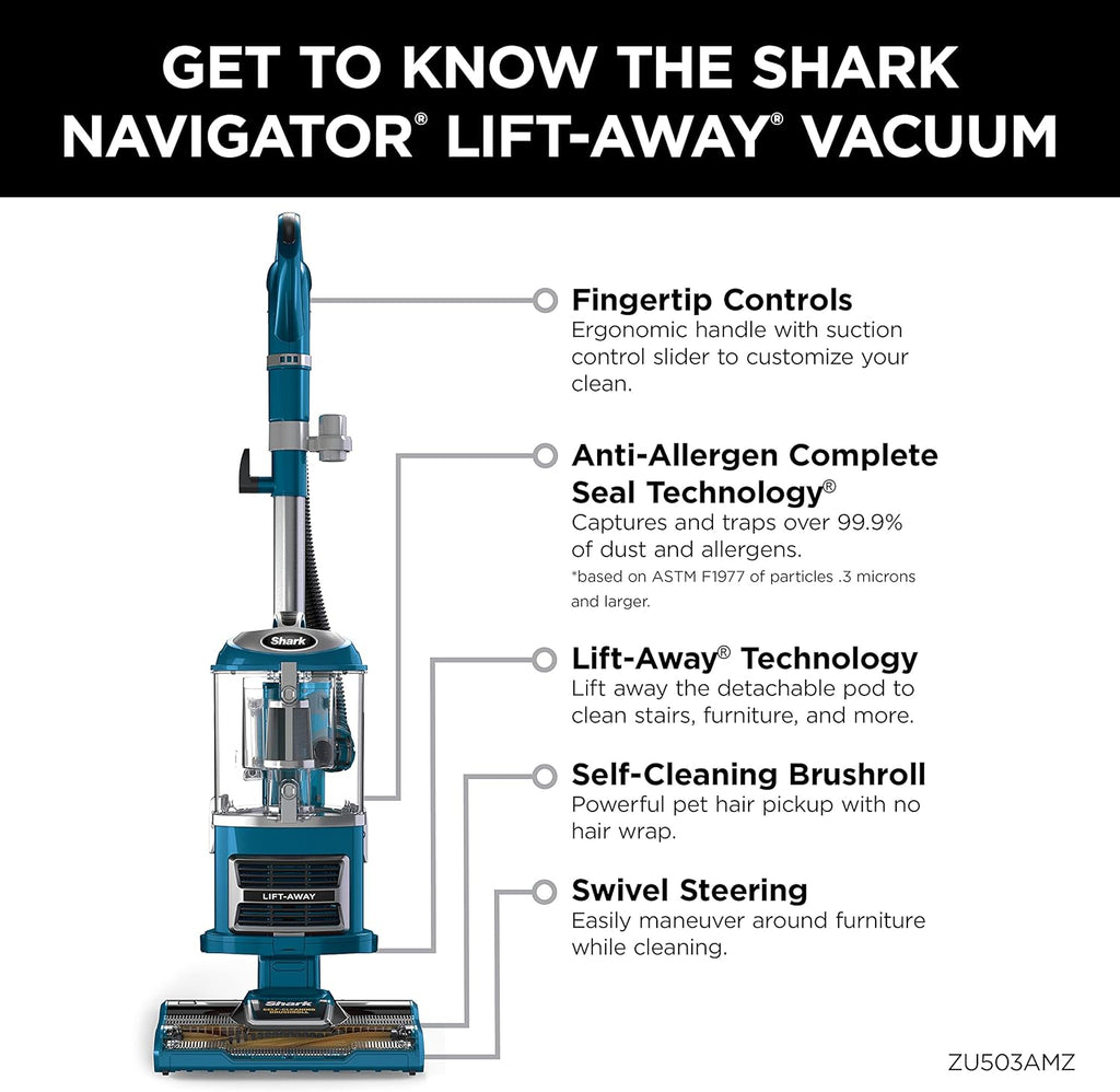 Shark Navigator Lift-Away Upright Vacuum - Self-Cleaning Brushroll & HEPA Filter | Ideal for Pets, Teal, ZU503AMZ