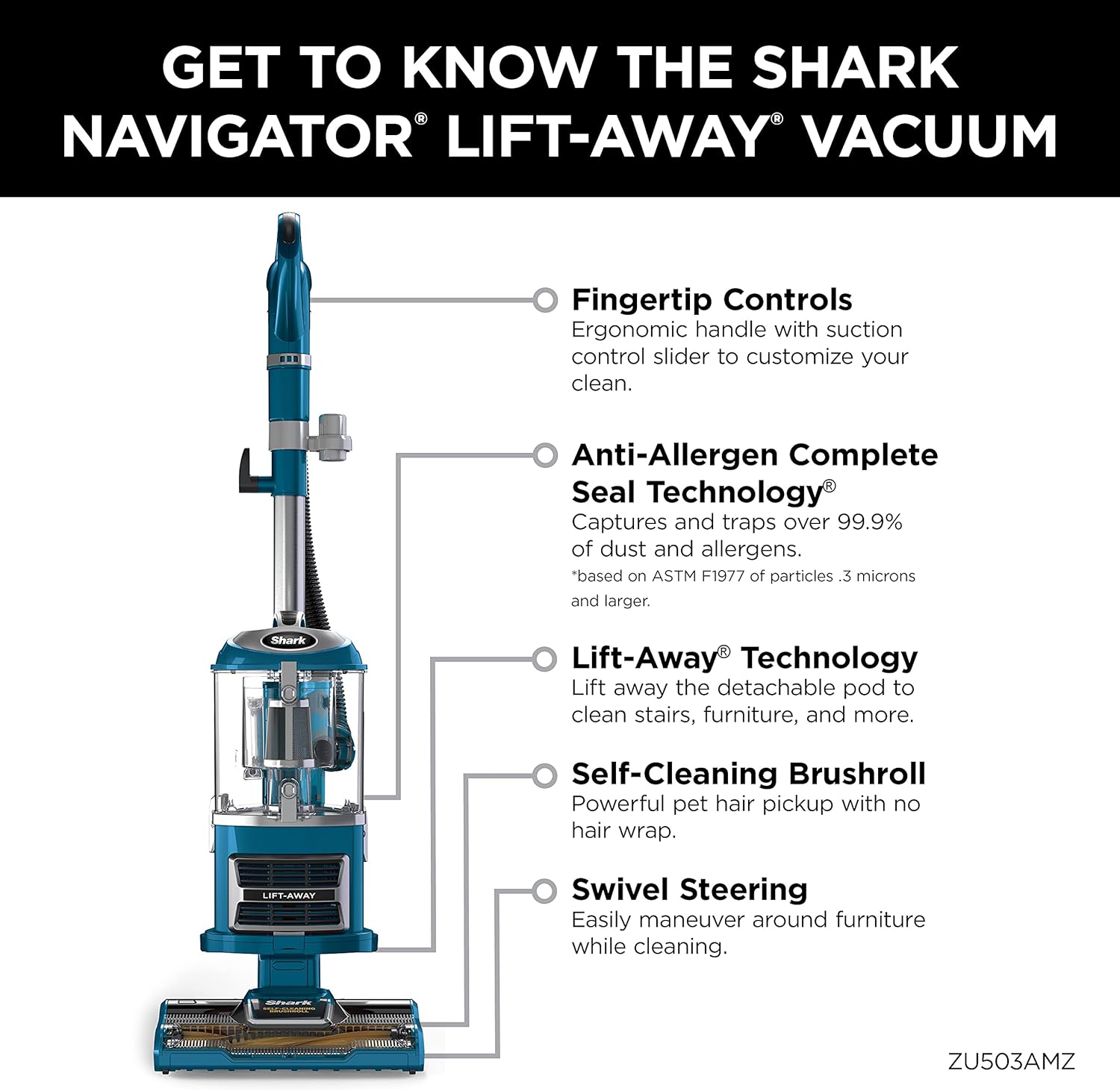 Shark Navigator Lift-Away Upright Vacuum - Self-Cleaning Brushroll & HEPA Filter | Ideal for Pets, Teal, ZU503AMZ