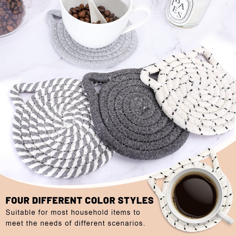 Whaline Cat Ears Coaster Set Cat Ear Shape Handmade Braided Cotton Coasters White Grey Non-Slip Absorbent Drink Coaster with Holder for Winter Christmas Birthday Housewarming Gifts Home Decor, 4Pcs