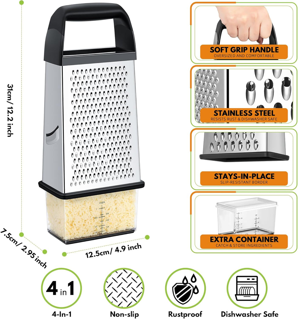 Urbanstrive Cheese Grater - Stainless Steel Box Grater with Container for Easy Shredding | Dishwasher Safe
