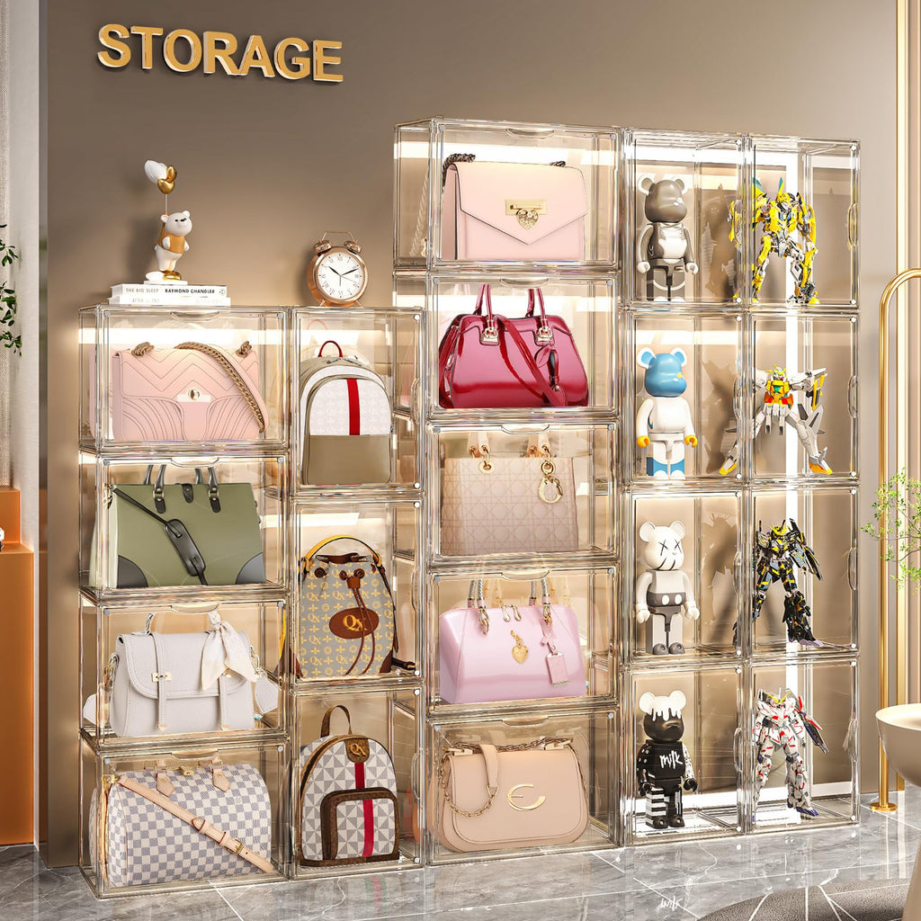 4 Packs Handbag Storage Organizer for Closet, ULENDIS Clear Acrylic Display Case for Purse and Handbag, Stackable Storage Organizer with Magnetic Door for Wallet Book Cosmetic Toys Display