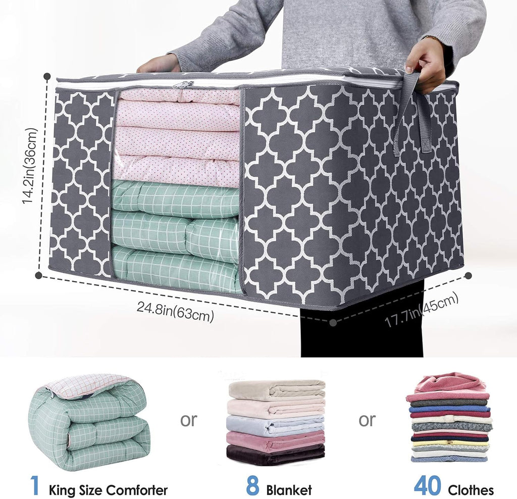 WISELIFE Storage Bags - Large Blanket and Clothes Organizer with Clear Window & Sturdy Zippers | Grey, 3 x 100L
