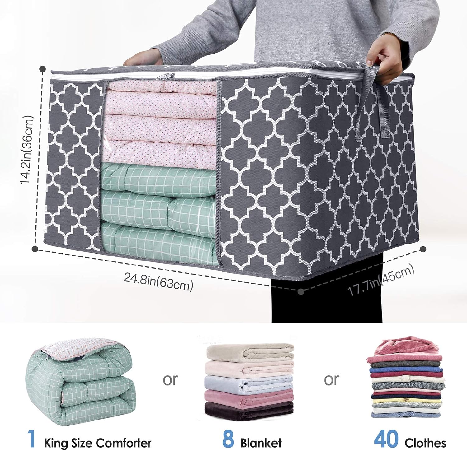 WISELIFE Storage Bags - Large Blanket and Clothes Organizer with Clear Window & Sturdy Zippers | Grey, 3 x 100L
