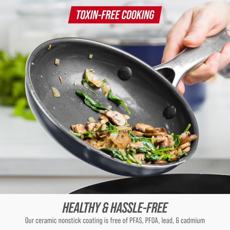 Blue Diamond 8" Nonstick Frying Pan Skillet, Ceramic Diamond Infused PFAS-Free, Dishwasher & Oven Safe, Stay Cool Handle, Durable Non Toxic Metal Utensil Safe, Egg & Omelet Pan, Gray