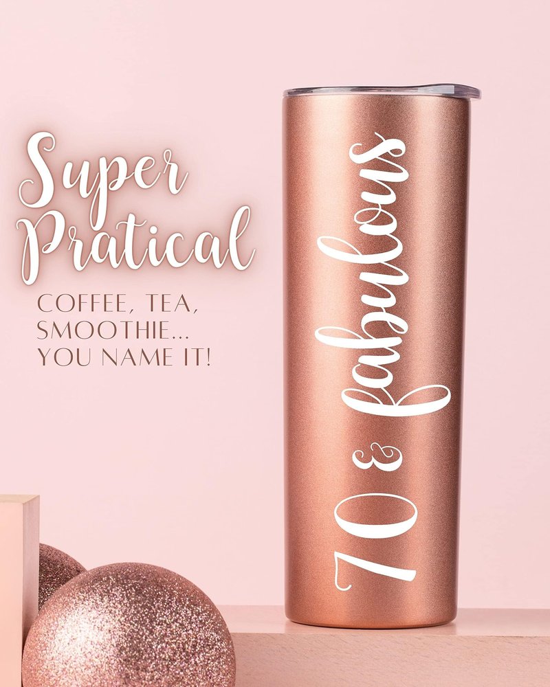 Onebttl 70th Birthday Gifts for Women, 70 & Fabulous, 70th Birthday Gift Idea for Women, Coworker, Friends, Mom, 70th Bday Gifts, Stainless Steel Tumbler 20oz - Rose Gold