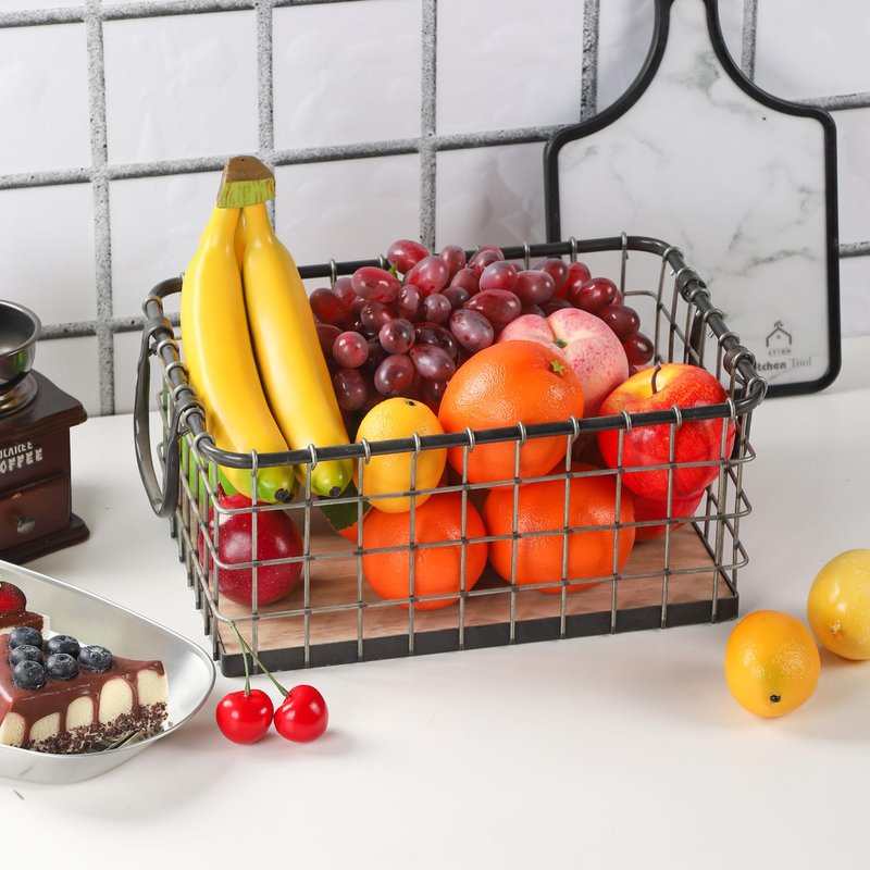 Set of 3 Rectangular Sturdy Hand Welded Farmhouse Metal Wire Basket with Rustic Wooden Bottom For Shelves, Closet Storage Bins for Shelves. Also For Laundry, Towel, Spice Rack, Tool Box (SET OF 3)