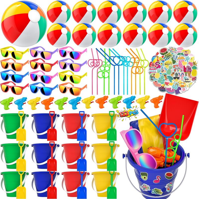 GIFTINBOX Pool Beach Summer Party Favors For Kids Ages 4-8- 122PCS Summer Beach Toys Include Beach Balls , Kids Sunglasses, Sand Buckets,Straws, For Pool Party Supplies,sand Toys