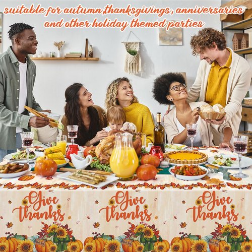 Fanfanwin 12 Pack Thanksgiving Fall Disposable Tablecloths Autumn Maple Leaf Give Thanks Plastic Table Cover 108 x 54 In Rectangle Pumpkin Table Cloth for Thanksgiving Autumn Harvest Party Decorations