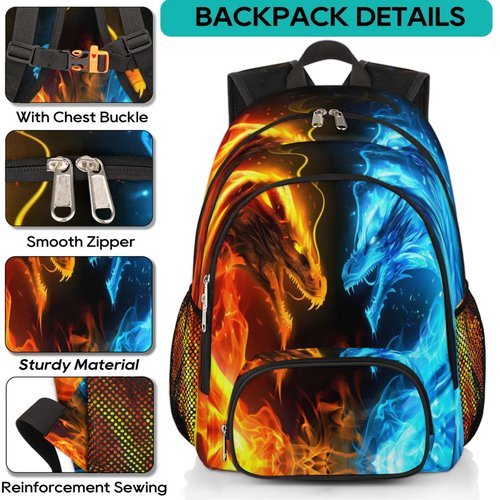 PATTERNFUL Kids School Backpack for Boys Girls - Lightweight Waterproof Bookbag School Bag Outdoor for Students College Travel Daypack with Chest Strap 16.7 Inch, Fire Ice Dragon