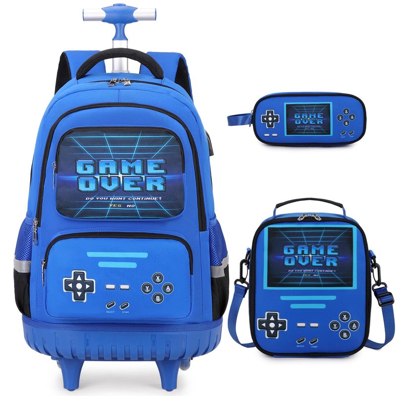 ACESAK Rolling Backpack for Boys - Roller Wheels School Bookbag with Lunch Bag & Pencil Pouch for Teen Boys Kids Wheeled Suitcase Backpacks, Elementary Middle School Travel Daypack (Blue)