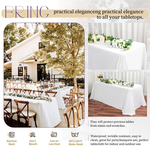 12 Pack White Tablecloths for 8 Foot Rectangle Tables 60 x126 inch,Polyester White Table Clothes in Bulk for Wedding,Waterproof Stain Resistant Washable Rectangle Table Cover for Party Buffet Camping