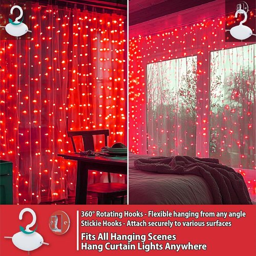 HXWEIYE 300LED Fairy Curtain Lights - 9.8x9.8Ft USB Plug-In with Remote | 8 Modes for Wedding & Bedroom Decor, Red