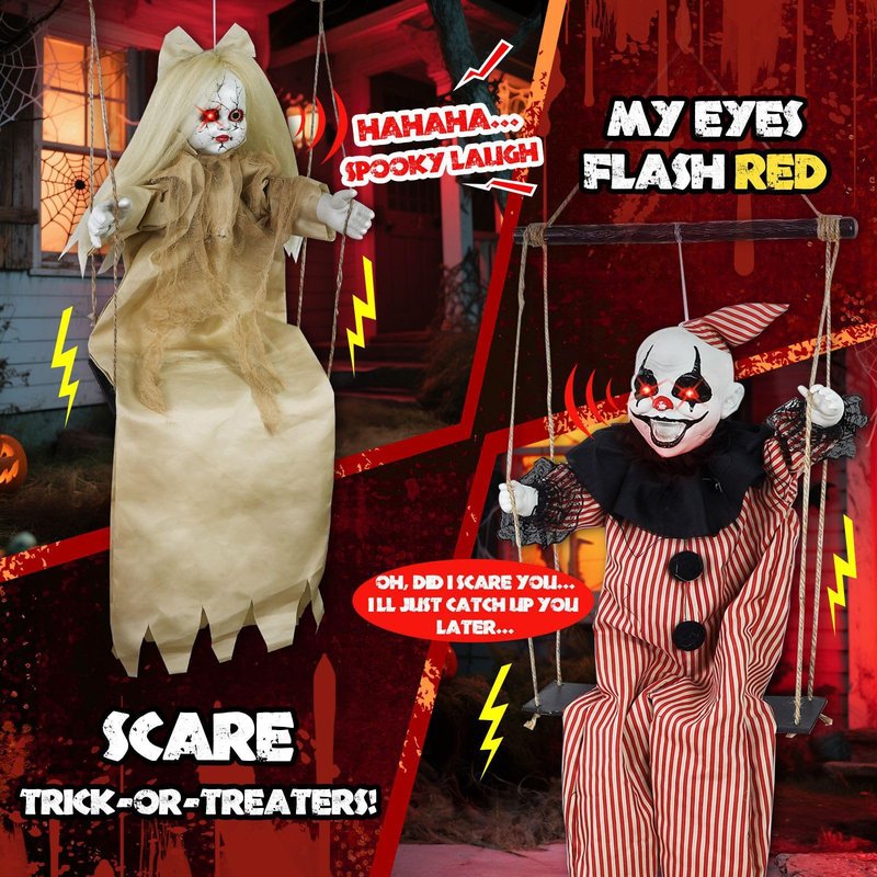 [Sound Activated] 2 Pack Hanging Halloween Decorations Outdoor, 40" Hanging Swinging Clown and Girl Ghosts Decor with Lighted Up Eyes Creepy Sound Expressions for Halloween Party Porch Haunted House