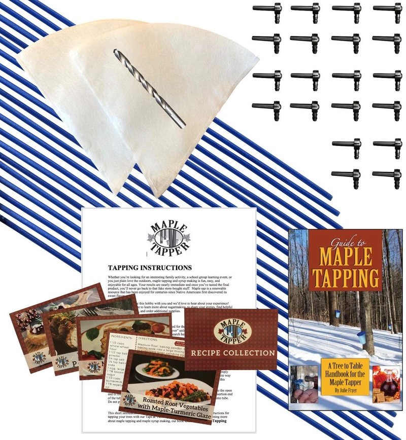 Deluxe Maple Syrup Tree Tapping Kit –(20) Taps +(20) 3-Foot Tubes +(2) 1-Quart Sap Filters –Dark Blue Premium Food Grade Tubing - Recipe Cards, Drill Bit, 80 Page Guide to Maple Tapping Book