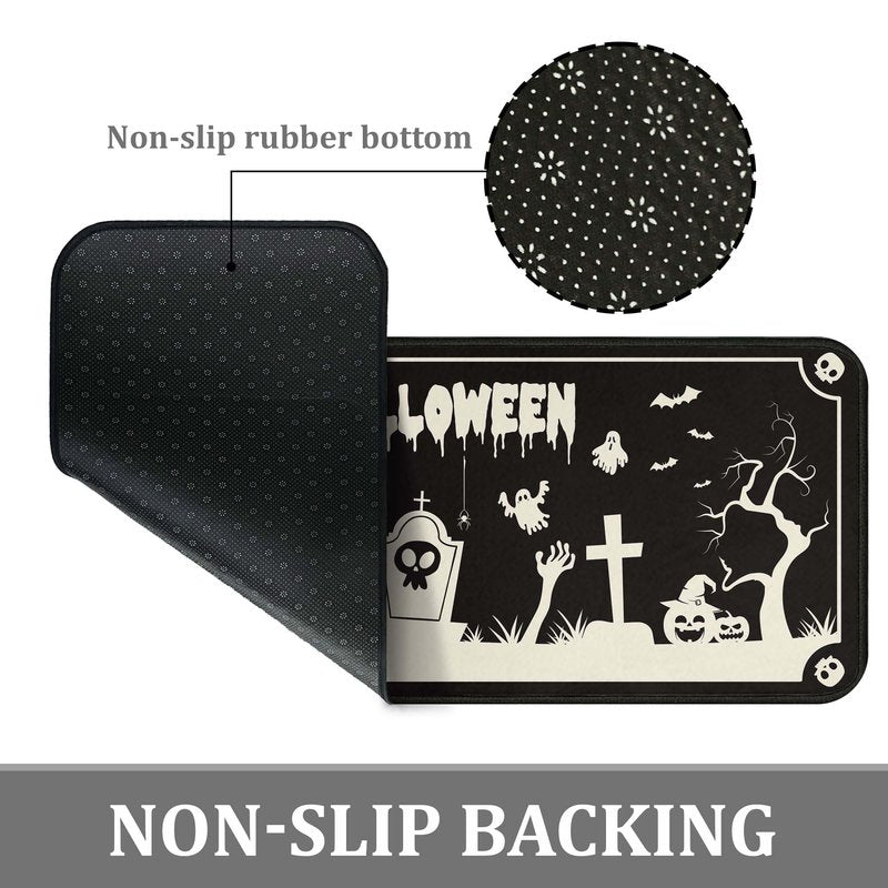 OUXIOAZ Happy Halloweeen Skull Black Kitchen Rugs and Mats Set of 2, Bat Boo Pumpkin Halloween Farmhouse Party Floor Mat for Home Kitchen Decorations 17"x47"+17"x30"