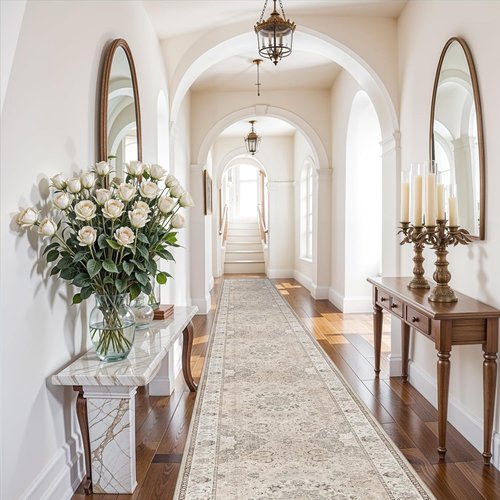 Hallway Washable Runner Rug - Vintage Soft Non-Slip Indoor Carpet for Kitchen & Entryway | 3x20 Feet, Beige