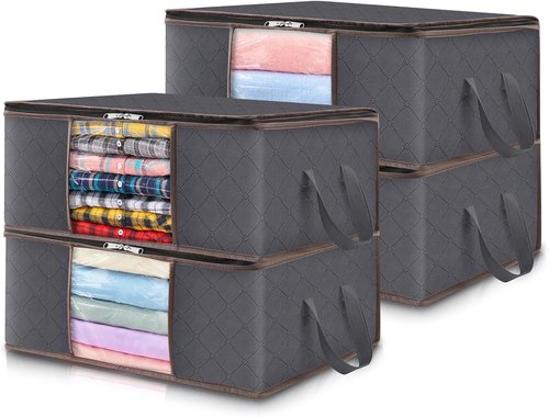 Lifewit 4-Pack Foldable Clothes Storage Bags - Reinforced Handles & Clear Window for Easy Organization | Gray