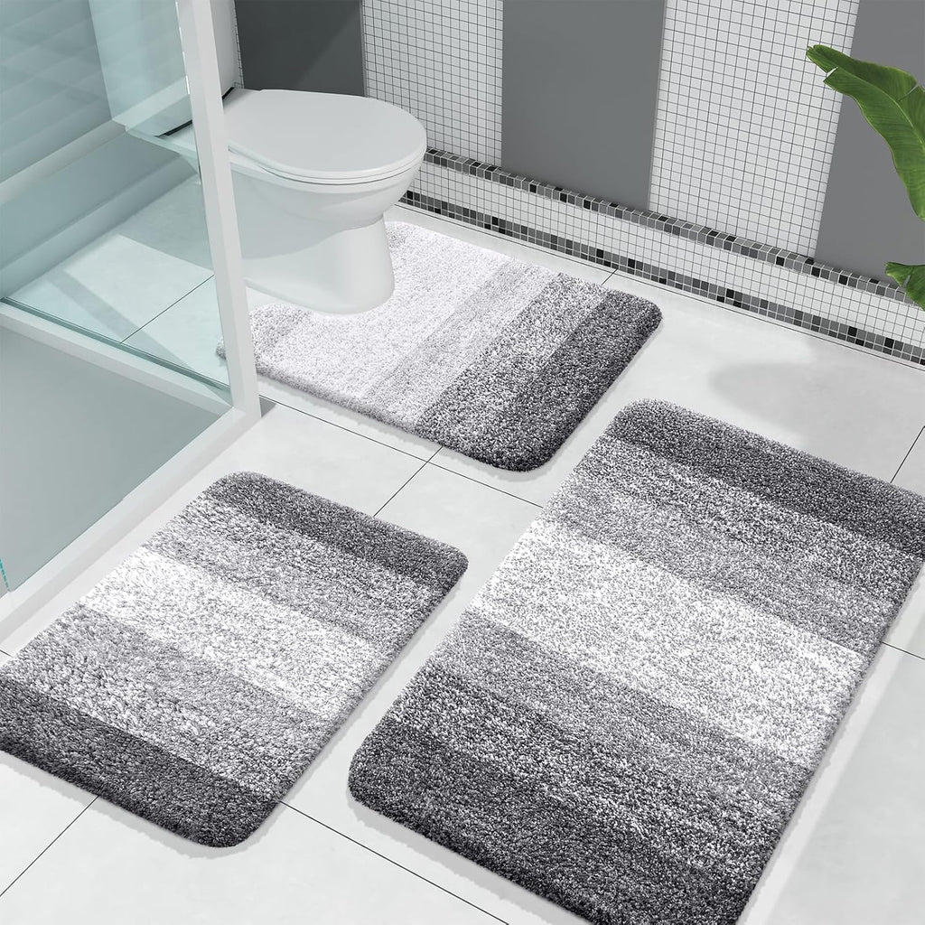 OLANLY 3-Piece Bathroom Rug Set - Soft Absorbent Microfiber Mats & U-Shaped Contour Rug | Plush Grey (30"x20"+24"x16"+24"x20")