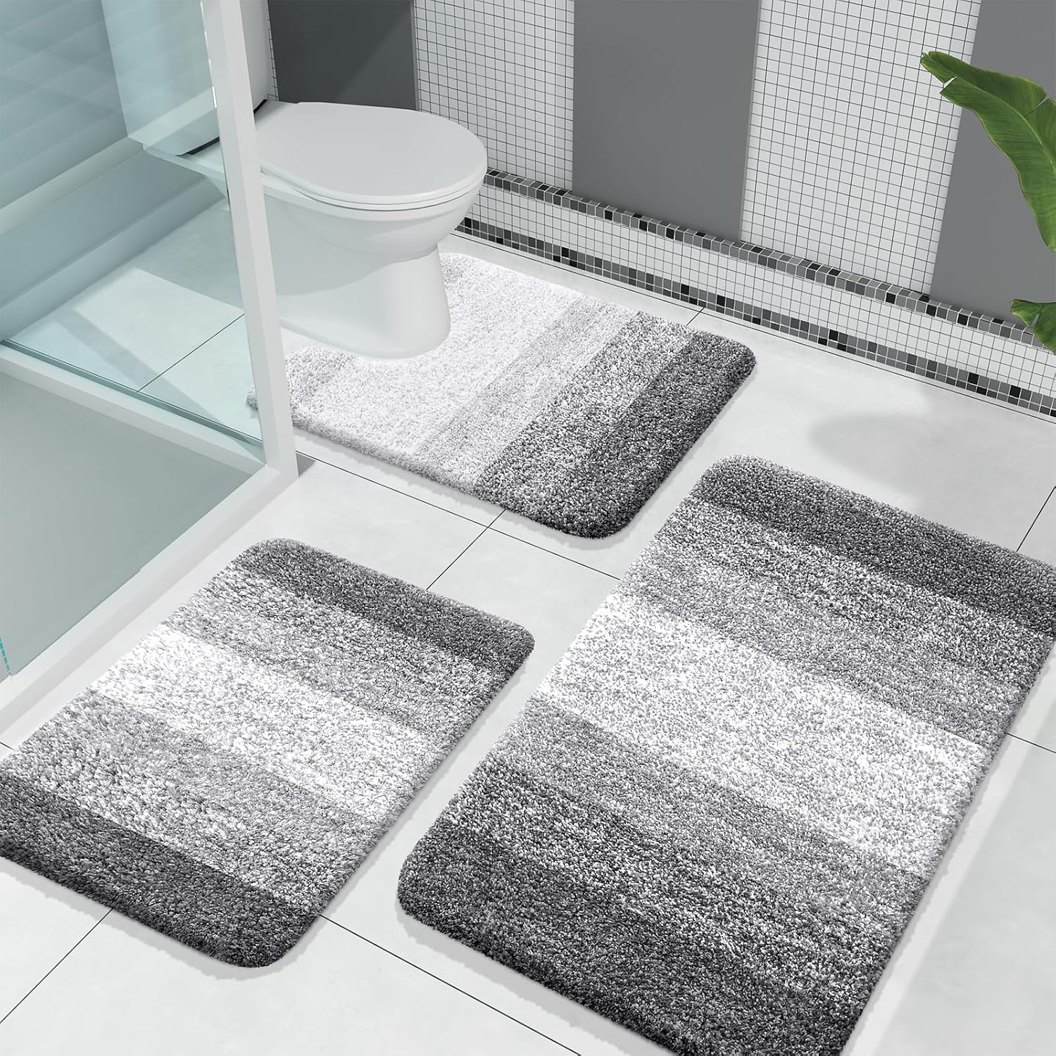 OLANLY 3-Piece Bathroom Rug Set - Soft Absorbent Microfiber Mats & U-Shaped Contour Rug | Plush Grey (30"x20"+24"x16"+24"x20")