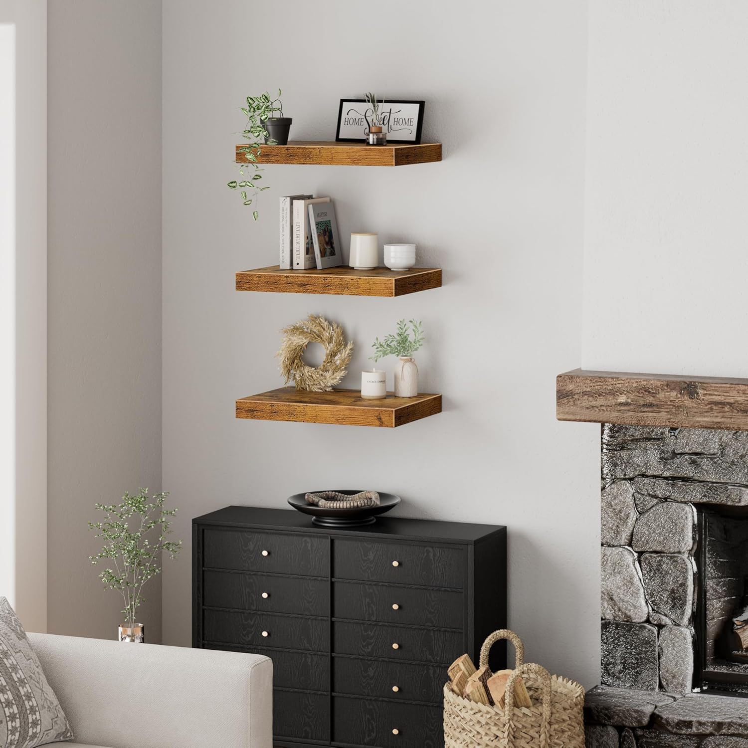 QEEIG 10" Deep Floating Shelves - Rustic Brown Wall-Mounted Bookshelf Set of 3 for Bathroom, Bedroom, Kitchen & Living Room