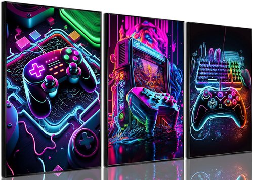 BGFCE Game Room Decor - Set of 3 Neon Gaming Canvas Posters | 12x16 Inch Unframed Art for Boys' Bedrooms