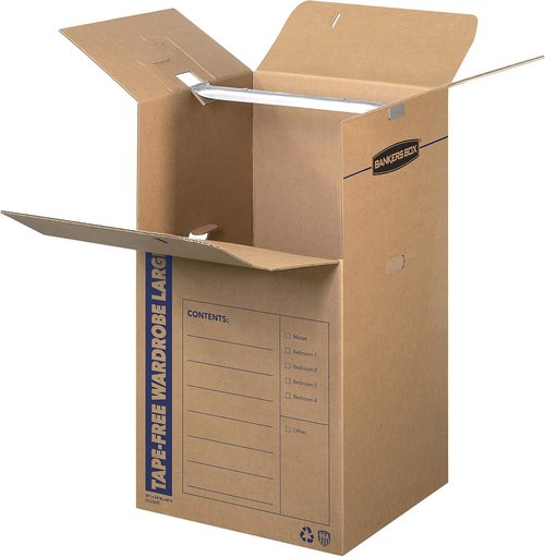 Bankers Box Tall Wardrobe Box - Tape-Free Design, 3 Pack, 24" x 24" x 40" for Easy Storage